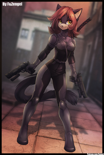2015 anthro bad_trigger_discipline belt biped black_body black_fur breasts cat_costume clothing costume digital_media_(artwork) domestic_cat dual_wielding dutch_angle felid feline felis female front_view fur gun hair handgun hi_res holding_object holding_weapon inner_ear_fluff iskra mammal melee_weapon orange_hair pistol ranged_weapon red_hair rubber shaded smile solo standing suit sword text tight_clothing tuft url weapon yellow_eyes // 1024x1519 // 1.7MB
