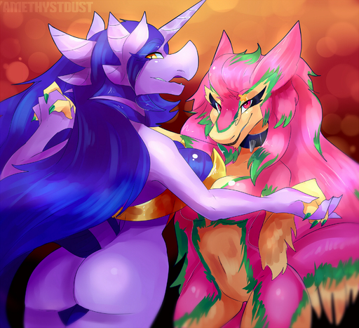 2016 amethystdust anthro blue_hair bottomless bra breasts butt censored clothed clothing collar convenient_censorship dragon duo featureless_crotch female femalefemale hair hand_holding hi_res horn leash long_hair looking_at_viewer looking_back multicolored_hair navel non-mammal_breasts pink_hair purple_eyes rear_view sergal smile underwear yellow_eyes // 2000x1825 // 3.2MB