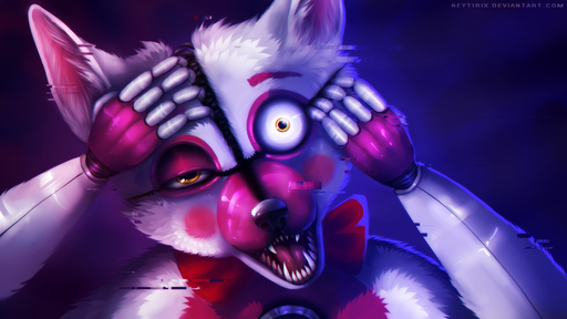 16:9 2016 animatronic bow_tie canid canine creepy digital_media_(artwork) fangs five_nights_at_freddy's fox funtime_foxy_(fnafsl) fur glowing glowing_eyes hi_res machine mammal neytirix nightmare_fuel pink_body pink_fur robot sister_location teeth tongue video_games white_body white_fur widescreen yellow_eyes // 1920x1080 // 533.4KB