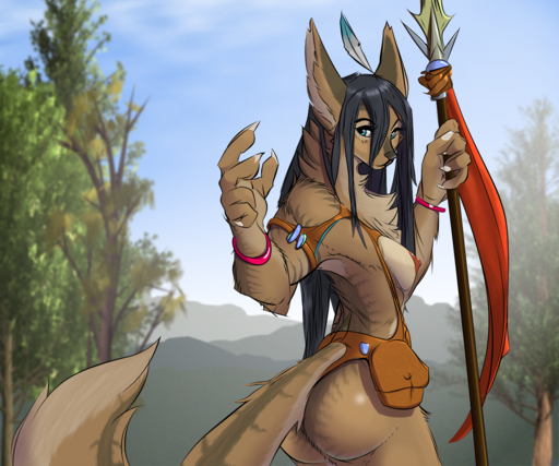 2019 anthro bag belt black_hair blue_eyes bluedraggy breasts butt canid canine canis chest_tuft digital_media_(artwork) edit female hair long_hair looking_at_viewer mammal melee_weapon nipples outside plant polearm raised_tail rear_view solo spear standing tree tribal tuft watsup weapon wolf // 1280x1067 // 1.4MB