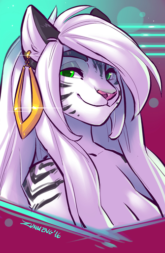 2016 anthro breasts bust_portrait domestic_cat ear_piercing estella_(zummeng) felid feline felis female fur green_eyes hair hi_res mammal piercing pink_nose portrait smile solo white_body white_fur white_hair zummeng // 1000x1528 // 1.0MB