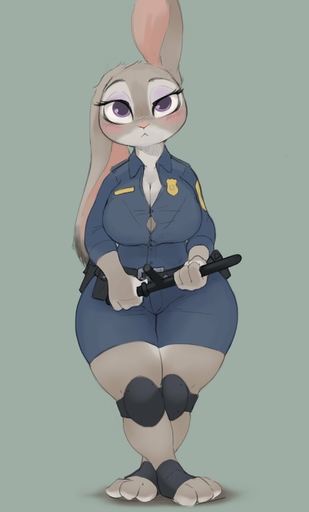 2019 3_toes 4_fingers absurd_res anthro baton belt big_breasts biped bluedrg19 blush bottomwear breasts cleavage clothed clothing crossed_legs disney eyelashes eyeshadow feet female fingers front_view fur grey_body grey_fur half-closed_eyes hi_res holding_object holding_weapon judy_hopps knee_pads lagomorph leporid long_ears looking_at_viewer makeup mammal melee_weapon narrowed_eyes police_uniform purple_eyes rabbit short_stack shorts solo standing thick_thighs toeless_legwear toes uniform weapon wide_hips zootopia // 1808x3000 // 152.2KB