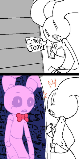 1:2 2014 aliasing animatronic anthro bonnie_(fnaf) bow_tie door duo filthypally five_nights_at_freddy's lagomorph leporid machine mammal partially_colored pushbutton rabbit robot ruby_(rq) ruby_quest speech_bubble startled text text_background video_games weaver_bonnie // 500x1000 // 130.1KB