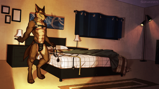 2017 anthro athletic athletic_anthro athletic_male bed brown_body brown_fur bulge canid canine canis clothing collar coyote fur furniture grin harness inviting jockstrap leather looking_at_viewer male mammal smile solo sorakirbys underwear west_(character) // 1465x824 // 1.8MB