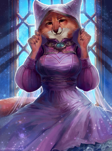 5_fingers anthro breasts brown_eyes canid canine cheek_tuft clothed clothing detailed_background disney eyebrows eyelashes facial_tuft female fingers fox fur headdress hi_res juliathedragoncat maid_marian mammal open_mouth orange_body orange_fur red_fox robin_hood_(disney) smile solo teeth tongue tuft vulpes wimple // 1600x2160 // 8.7MB
