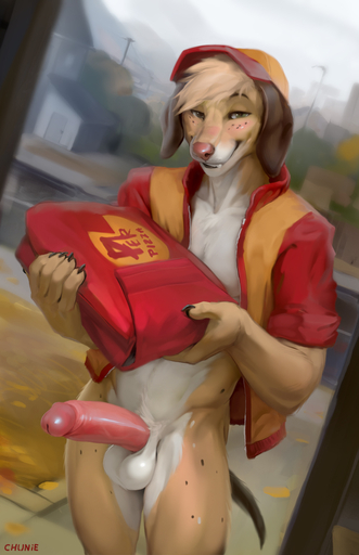 2019 anthro artist_name athletic athletic_anthro athletic_male balls baseball_cap bottomless canid canine canis chunie claws clothed clothing delivery_(commerce) delivery_employee detailed_background digital_media_(artwork) domestic_dog erection floppy_ears food_delivery foreskin freckles freckles_(kurenaikyora) fur genitals glans hat headgear headwear hi_res holding_object humanoid_genitalia humanoid_penis jacket looking_at_viewer male mammal open_clothing open_jacket open_topwear outside penis pizza_delivery public retracted_foreskin smile solo topwear // 827x1280 // 374.2KB