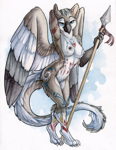 anthro avian beak bird breasts feathered_wings feathers female gryphon looking_at_viewer melee_weapon mythological_avian mythology nipples non-mammal_breasts nude owl paint polearm ruaidri simple_background solo spear tribal weapon wings // 708x916 // 1.0MB