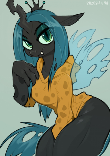 anthro black_body blue_hair claws clothing crown equid equine fangs female friendship_is_magic hair hasbro hi_res hoodie horse insect_wings looking_at_viewer mammal my_little_pony pony queen_chrysalis_(mlp) solo topwear wings zazush-una // 905x1280 // 192.8KB