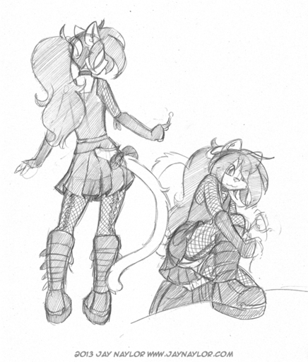 2013 anthro bethany_(jay_naylor) biped boots bottomwear clothed clothing conditional_dnp domestic_cat ear_piercing ear_ring felid feline felis female fishnet footwear hair jay_naylor kneeling mammal monochrome on_one_knee piercing ponytail rear_view ribbons sketch skirt solo standing text traditional_media_(artwork) upskirt url // 555x651 // 230.6KB