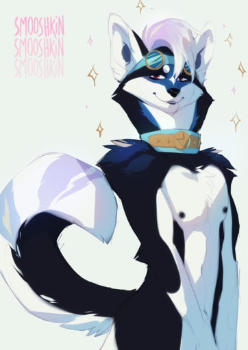 anthro blue_collar canid canine canis collar domestic_dog eyewear fur goggles hair hi_res looking_at_viewer male mammal nipples nude simple_background smile smooshkin solo // 905x1280 // 653.6KB