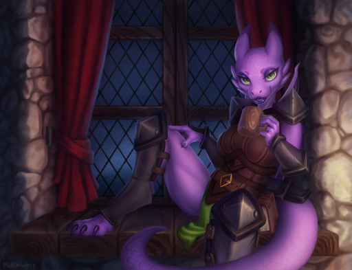 2019 5_fingers anthro armor belt book bottomwear bracers claws clothed clothing cup curtains detailed_background dragon fantasy female fingers green_eyes holding_cup holding_object inside light lighting loincloth looking_at_viewer medieval membrane_(anatomy) membranous_wings milkwyvern night open_mouth open_smile pauldron purple_body purple_scales raining scales scalie sitting smile solo western_dragon window wings // 1000x767 // 958.9KB