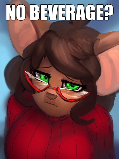 2022 3:4 anthro brown_hair clothing disappointed english_text eyewear female general-irrelevant glasses green_eyes hair hi_res looking_at_viewer mammal margaret_de_campos mouse murid murine red_clothing red_eyewear red_glasses red_sweater red_topwear rodent solo sweater text topwear // 1080x1440 // 554.6KB