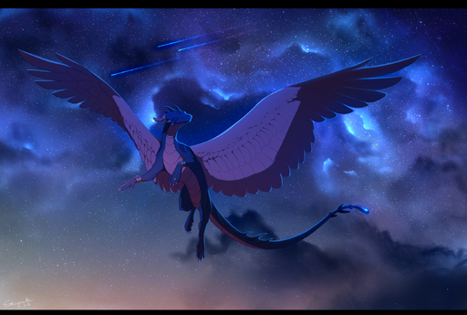 2018 ambiguous_gender black_bars claws cloud dawn_(disambiguation) detailed_background dragon feathered_dragon feathered_wings feathers feral flying hi_res night outside skaydie sky solo wings // 2348x1583 // 3.0MB