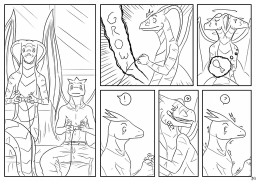 <3 ? anthro avian bottomwear clothed clothing comic digital_drawing_(artwork) digital_media_(artwork) dragon duo exclamation_point fangs growling hungry imminent_vore james_howard male membrane_(anatomy) membranous_wings monochrome pants reptile scalie snake topless vore wings // 1024x724 // 184.0KB