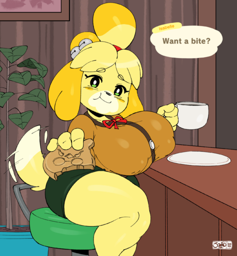absurd_res anthro bar_stool bell big_breasts blush breasts canid canine canis coffee_cup container counter cup dialogue domestic_dog eating english_text female furniture hi_res huge_breasts isabelle_(animal_crossing) joaoppereiraus looking_at_viewer mammal shih_tzu sitting solo stool tail_motion tailwag text thick_thighs toy_dog video_games // 2500x2700 // 1.6MB