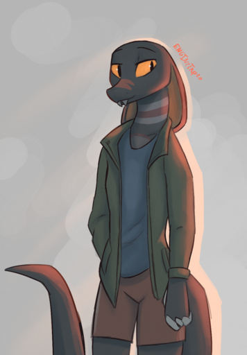 2020 ambiguous_gender anthro bottomwear clothed clothing enginetrap fangs fully_clothed grey_background hi_res jacket male_(lore) miles_(enginetrap) portrait reptile scalie shorts simple_background snake solo three-quarter_portrait topwear // 995x1430 // 1.6MB