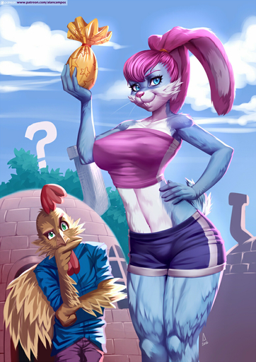 2016 ? alanscampos anthro avian bag beak big_breasts bird blue_body blue_eyes blue_fur bottomwear breasts brown_body brown_feathers buckteeth building chicken clothed clothing cloud crop_top duo english_text feathers female fur galliform gallus_(genus) green_eyes house lagomorph leporid looking_at_viewer male mammal midriff navel nipple_outline outside pants phasianid plant rabbit shirt shorts size_difference sky smile star teeth text topwear tree white_body white_fur // 777x1100 // 441.9KB