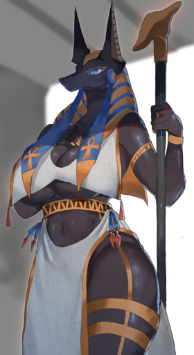 anthro anubian_jackal anubis big_breasts black_body black_fur blue_eyes breasts canid canine canis cleavage clothed clothing deity egyptian female fur hi_res jackal mammal passionpit777 solo staff thick_thighs under_boob wide_hips // 1269x2320 // 2.7MB