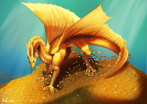 ambiguous_gender dragon feliscede feral glistening green_eyes horn money scales scalie solo treasure treasure_hoard underwater water wings yellow_body yellow_scales // 1280x905 // 1.5MB