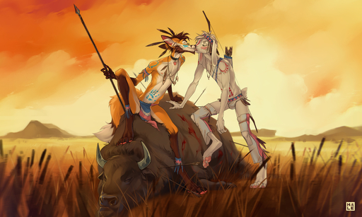 5:3 absurd_res anthro anthro_on_anthro beard blood bodily_fluids canid canine duo eyes_closed facial_hair feral fox hale. hi_res hunting kissing lagomorph leporid male malemale mammal native_american partial_nudity rabbit ramaelfox zack_(thezackrabbit) // 4000x2400 // 7.1MB