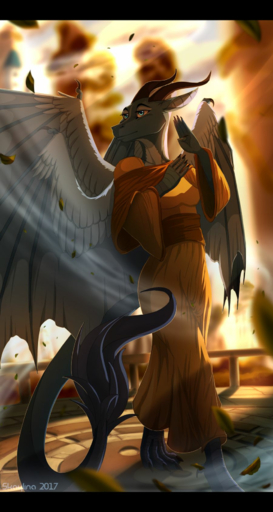 2017 anthro barefoot biped black_bars blue_eyes breasts clothed clothing day detailed_background dragon feathered_dragon feathered_wings feathers feet female fingers hi_res horn non-mammal_breasts skaydie solo wings // 900x1688 // 1.4MB