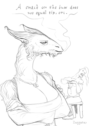 2014 alcohol annoyed anthro barmaid beer beverage big_breasts breasts broken_arm chair clothing costume crossed_arms dragon duo ear_piercing english_text female fracture furniture humanoid jewelry monochrome necklace orc piercing scalie sexism table text topknot zaggatar // 707x1000 // 166.3KB