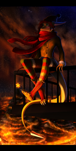 2016 absurd_res anthro biped black_bars claws clothed clothing detailed_background dragon fire hi_res night outside sitting skaydie sky solo star starry_sky // 1271x2510 // 2.6MB