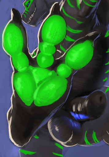 absurd_res animal_genitalia animal_penis balls black_claws black_penis blue_eyes claws dragon feet feral foot_focus genitals green_body green_markings green_pawpads green_scales hi_res hindpaw killioma looking_at_viewer looking_down low-angle_view male markings noxy_(dragon) pawpads paws penis quadruped scales simple_background smile solo teeth toe_claws worm's-eye_view // 3000x4328 // 3.3MB
