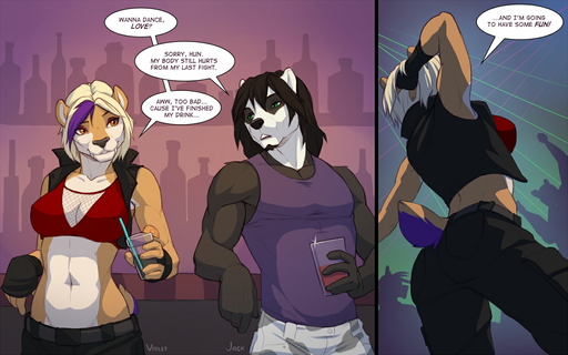 16:10 2014 abs alcohol anthro beverage clothed clothing comic dialogue digital_media_(artwork) english_text fangs felid female group holding_glass holding_object jack_(pnkng) machairodontine male malefemale mammal nightclub sabertooth_(anatomy) skimpy text violet_(pnkng) wolfy-nail // 1280x800 // 370.3KB