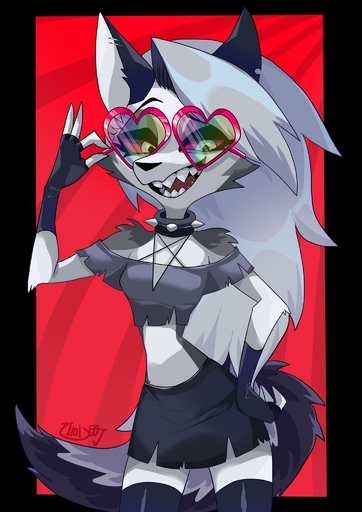 anthro canid canid_demon canine demon eyewear female fur glasses hellhound helluva_boss hi_res imiotomati loona_(vivzmind) mammal midriff red_sclera simple_background smile solo white_body white_fur // 1448x2048 // 244KB