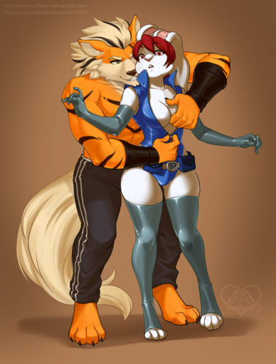 anthro arcanine assisted_exposure breast_grab breasts canid canine clothing darkpaw duo durabelle female fondling gloves grope hand_on_breast handwear hi_res kittydee lagomorph latex_gloves legwear leporid male malefemale mammal muscular muscular_male nintendo open_mouth pokemon pokemon_(species) predatorprey rabbit rubber standing superhero surprise thick_thighs thigh_highs tight_clothing video_games wide_hips // 969x1280 // 898.8KB
