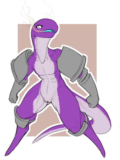 2019 anthro armor armor_only casual_exposure female flat_chested front_view full-length_portrait genitals hi_res lemurian mostly_nude portrait purple_body pussy scalie solo standing w4g4 // 1292x1720 // 137.5KB