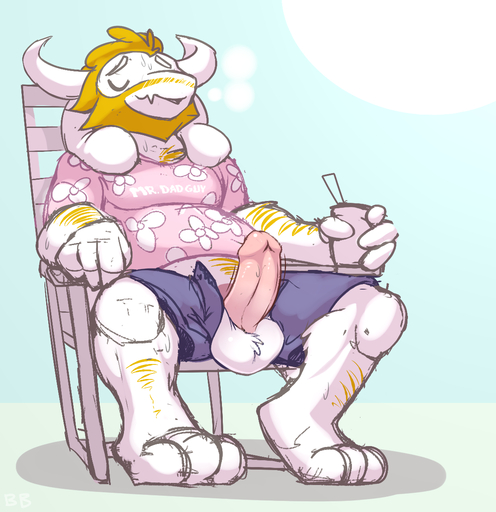 2015 3_toes anthro asgore_dreemurr balls barefoot beard biceps biped blonde_hair bodily_fluids body_hair boss_monster bottomwear bovid braeburned caprine clothed clothing digital_media_(artwork) erection facial_hair feet full-length_portrait fur genitals hair hindpaw horn humanoid_genitalia humanoid_penis lawn_chair long_ears male mammal mature_anthro mature_male open_bottomwear open_clothing open_pants outside pants paws penis poking_out portrait shorts sitting solo sweat toes video_games white_body white_fur // 1160x1197 // 560.9KB