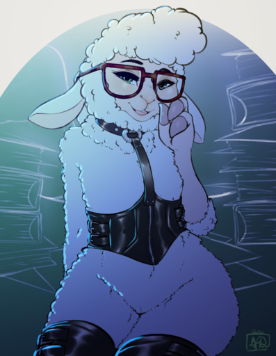 2016 anthro avante92 bovid caprine clothing dawn_bellwether domestic_sheep eyelashes eyewear female flat_chested glasses green_eyes hand_behind_back hi_res leather legwear looking_at_viewer mammal open_mouth sheep solo // 1700x2192 // 2.4MB