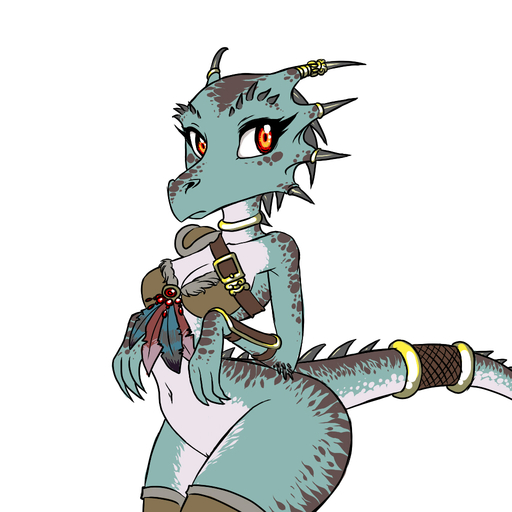 2013 anthro armor belt bottomless bracer breasts chochi choker clothed clothing edit feathers female furgonomics half-dressed horn jewels kobold looking_at_viewer non-mammal_breasts pauldron plain_background pussy red_eyes scalie skimpy solo standing underwear video_games white_background wide_hips // 1024x1024 // 437.7KB