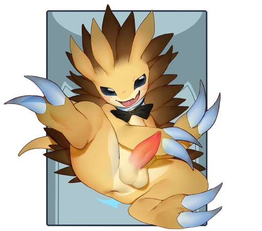 anus arik_(artist) balls blush bow_tie clothing digital_media_(artwork) erection feral genitals hi_res looking_at_viewer male nude open_mouth penis pokemon_(species) sandslash simple_background smile solo spread_legs spreading tapering_penis tongue video_games // 2441x2161 // 306.1KB