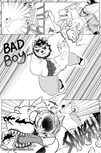 2019 angry anthro blood bodily_fluids breasts broken_teeth canid canine clothed clothing comic deadanthro dragon english_text female hi_res humor kaiju male mammal monochrome muscular muscular_male open_mouth punch teeth text tongue // 1175x1775 // 947.2KB