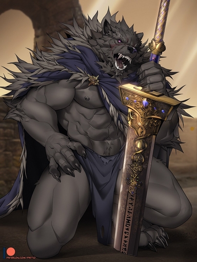 2022 3:4 5_fingers anthro black_body black_fur black_nose blaidd_(elden_ring) canid canine canis cape claws clothing detailed_background digital_media_(artwork) fangs fingers fur hi_res kneeling male mammal melee_weapon muscular muscular_anthro muscular_male navel nipples open_mouth patto purple_eyes scar solo sword teeth tongue video_games weapon wolf // 1125x1500 // 270.8KB