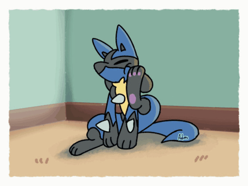 3_fingers 3_toes advos ambiguous_gender animated anthro artist_name canid canine digital_media_(artwork) eyes_closed feet fingers fur inside lucario mammal pawpads pokemon_(species) scratching sitting solo toes video_games wall_(structure) // 560x420 // 1006.0KB