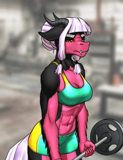 2020 5_fingers abs animated anthro barbell bicep_curl black_body black_fur bodily_fluids bra clothed clothing dragon exercise eyebrows eyelashes female fingers fur furred_dragon horn midriff muscular muscular_anthro muscular_female mykegreywolf navel pink_body pink_fur short_playtime solo sports_bra sweat tight_clothing underwear weightlifting weights workout // 770x1000 // 10.1MB