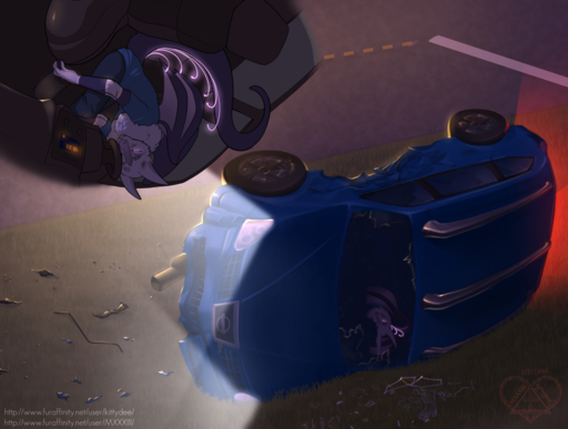 2018 accident anthro car clothed clothing detailed_background digital_media_(artwork) duo grass kittydee membrane_(anatomy) membranous_wings night nissan outside plant unknown_species vehicle wings // 1280x967 // 1.1MB