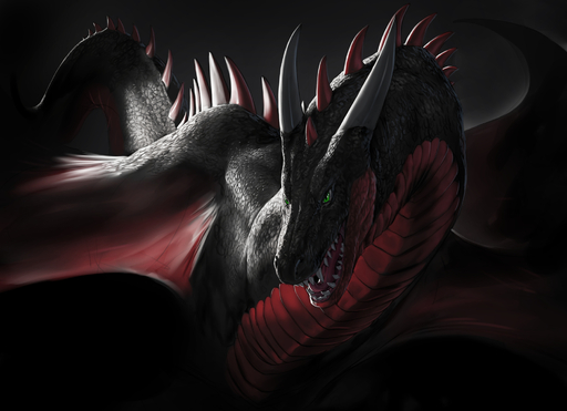 2019 black_body black_scales digital_media_(artwork) dragon feral green_eyes hi_res horn male membrane_(anatomy) membranous_wings open_mouth rakisha scales scalie solo spines teeth tongue western_dragon wings // 2000x1451 // 1.0MB