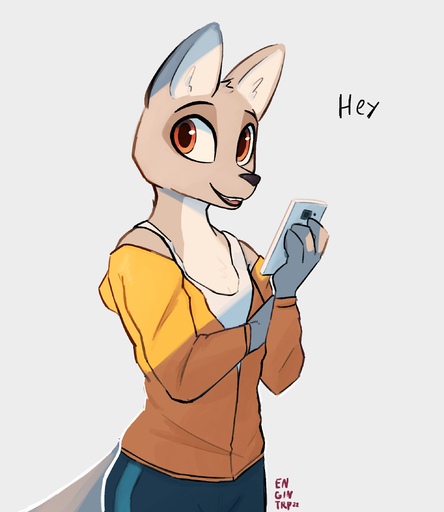 2022 anthro canid cellphone clothed clothing digital_media_(artwork) enginetrap female fully_clothed hi_res holding_cellphone holding_object holding_phone light lighting mammal open_mouth open_smile phone shaded signature simple_background smile solo // 1982x2287 // 755.7KB
