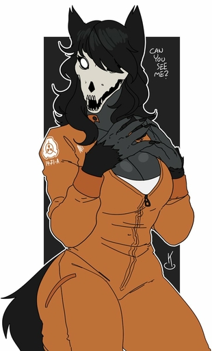 anthro black_body black_fur black_hair black_sclera breasts canid canine cleavage clothed clothing english_text female fur grey_body grey_fur hair hair_over_eye hi_res jumpsuit kanekuo long_hair mammal one_eye_obstructed scp-1471 scp-1471-a scp_foundation simple_background skull_head solo text undead white_eyes // 727x1200 // 86.5KB