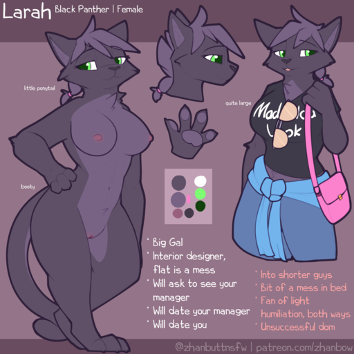 1:1 2021 anthro big_breasts black_body black_fur breasts clothed clothing color_swatch english_text eyewear felid female fully_clothed fur genitals green_eyes grey_body grey_fur grey_hair hair hi_res holding_object larah_(zhanbow) mammal model_sheet multicolored_body multicolored_fur nipples nude pantherine pawpads pink_nipples ponytail purse pussy shirt simple_background smile solo standing sunglasses text text_on_clothing text_on_shirt text_on_topwear topwear two_tone_body two_tone_fur url zhanbow // 1200x1200 // 490.5KB