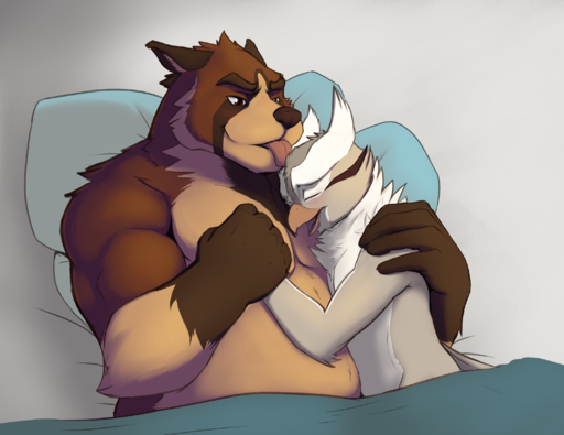 anthro anthro_on_anthro avian beak bed belly big_muscles bird canid canine canis cuddling domestic_dog duo furniture hand_holding hi_res licking male malemale mammal musclegut muscular muscular_male on_bed open_beak open_mouth owl sabrotiger shammy tongue tongue_out zangu zangusuu // 2962x2288 // 2.5MB