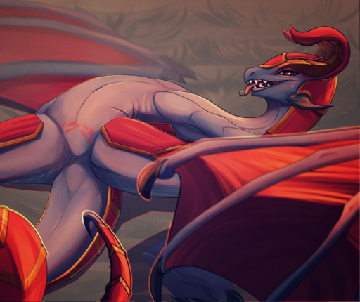 2019 digital_media_(artwork) dragon elvche featureless_crotch female feral half-closed_eyes hi_res horn league_of_legends membrane_(anatomy) membranous_wings narrowed_eyes navel nude open_mouth presenting_crotch riot_games scalie shyvana solo teeth tongue tongue_out video_games wings wyvern // 1787x1500 // 4.0MB