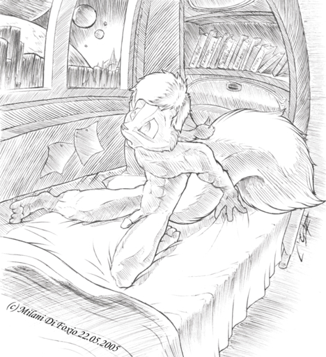 2005 anthro bed fisheye_lens furniture genitals greyscale inside male mammal miles_df monochrome nude on_bed penis rodent sciurid solo source_request tree_squirrel // 844x923 // 232.8KB