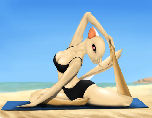 anthro avian beach beak bird bird_feet breasts canary clothing detailed_background feathers female finch hi_res non-mammal_breasts on_towel oscine outside passerine sand seaside sky solo spread_legs spreading stretching talons thousandfoldfeathers towel vanilla_(canary) water yoga // 3012x2350 // 1.8MB