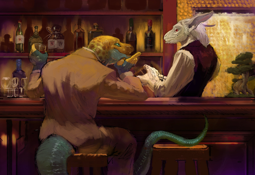 alcohol anthro bar bartender beverage blue_body blue_scales bottle clothed clothing collared_lizard container cup duo fully_clothed glass green_eyes hair killioma lizard male monroe_lehner red_eyes reptile scales scalie smile suit white_body white_hair white_scales // 1280x882 // 746.4KB